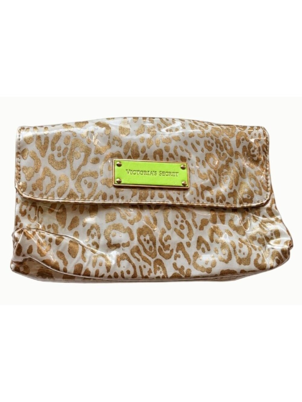 Victoria’s Secret Gold Leopard Foldover Makeup Bag Neon Green Travel Organizer